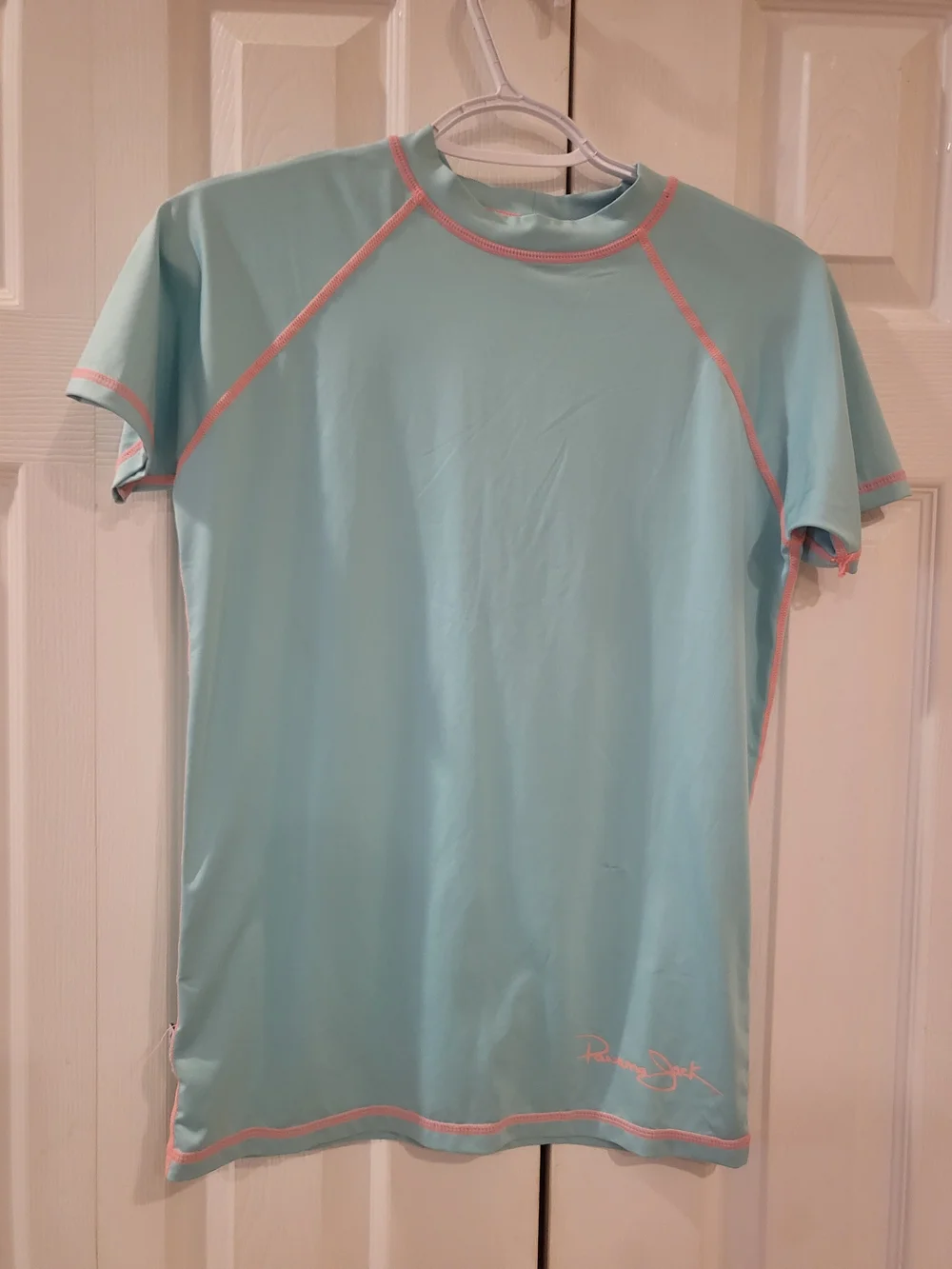 Panama Jack Men’s Short-Sleeve Swim Rash Guard - Light Aqua with Pink Trim